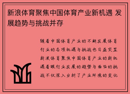新浪体育聚焦中国体育产业新机遇 发展趋势与挑战并存